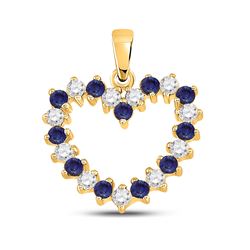 1/2 CTW Womens Round Blue Sapphire Diamond Heart Pendant 10kt Yellow Gold - REF-31F4W