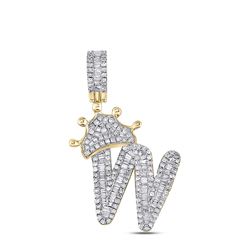 7/8 CTW Mens Baguette Diamond Crown W Letter Charm Pendant 10kt Yellow Gold - REF-43A6M