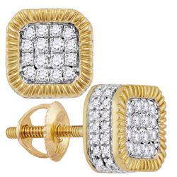 3/4 CTW Mens Round Diamond Fluted Square Cluster Stud Earrings 10kt Yellow Gold - REF-53T3V