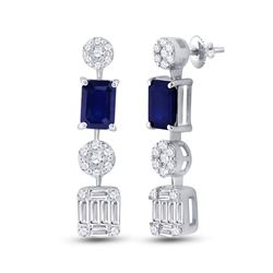 2 CTW Womens Emerald Blue Sapphire Diamond Dangle Earrings 14kt White Gold - REF-92V3Y