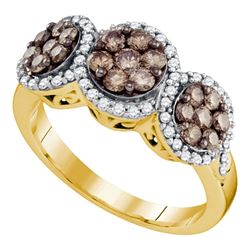 1 CTW Womens Round Brown Diamond Triple Flower Cluster Ring 10kt Yellow Gold - REF-63V5Y
