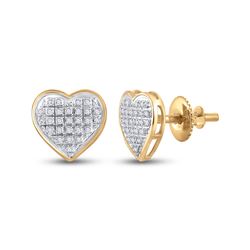 1/6 CTW Womens Round Diamond Heart Cluster Earrings 10kt Yellow Gold - REF-19R2X