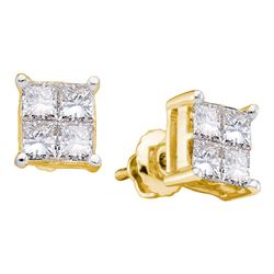 1/3 CTW Womens Princess Diamond Cluster Stud Earrings 14kt Yellow Gold - REF-31A4M