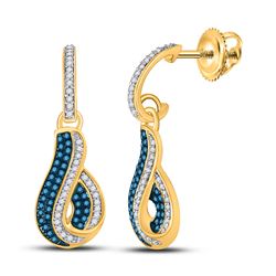 3/8 CTW Womens Round Blue Color Enhanced Diamond Dangle Earrings 10kt Yellow Gold - REF-34H3R