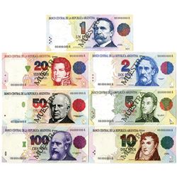 Banco Central De La Republica Argentina, 1992-97 Specimen Set of 6 Notes.