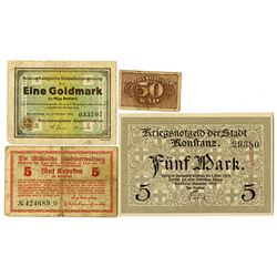 German Notgeld from Various Issuers. 1915-1923. Lot of 4 Issued Notes.