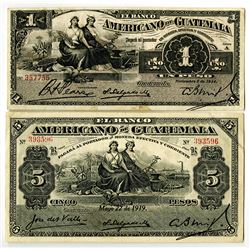Banco Americano de Guatemala. 1914-1919. Lot of 2 Issued Notes.