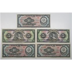 Banco de Mexico. 1953-1958. Lot of 5 Issued Notes.