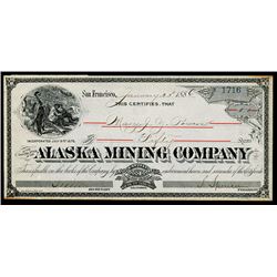 Alaska Mining Co. 1886 Stock Certificate.