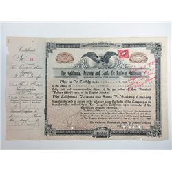 California, Arizona and Santa Fe Railway Co., 1920 I/C Stock Certificate.