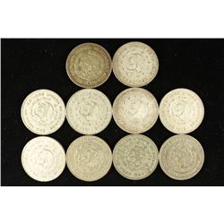 10 ASSORTED 1957-1963 MEXICO .100 SILVER PESOS