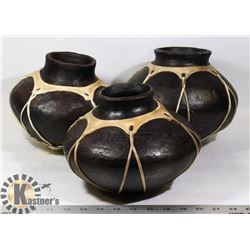 3 CLAY VASES WITH HIDE