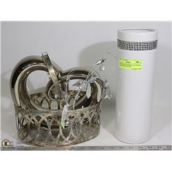 SILVER PLATED BASKET LARGE HEART AND CRYSTAL VASE