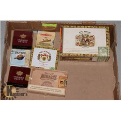2 WOOD CIGAR BOXES AND 5 VINTAGE CIGARELLO TINS