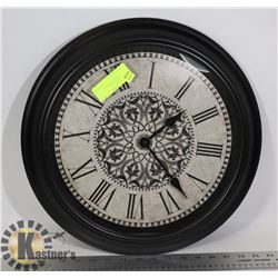 BLACK WALL CLOCK W/DECORATIVE BROWN &