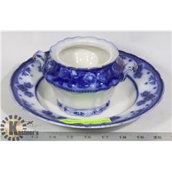 FLOW BLUE SERVING DISH & SUGAR BOWL