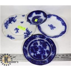 4 ANTIQUE FLOW BLUE SERVING DISHES