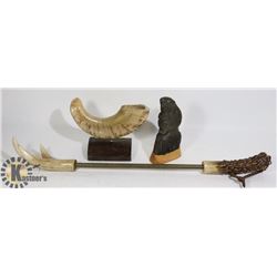 LOT OF 3 BEAVER CARVING, HORN, AND BACK SCRATCH
