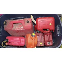 BIN WITH 7 VARIOUS SIZE JERRY CANS