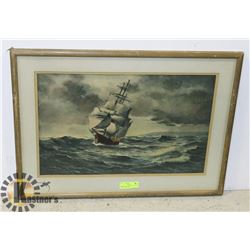 FRAMED ART - SHIP AT SEA. SIGNED DOUGLAM GRAHAM.
