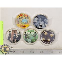 5 BEATLES COINS WITH PLASTIC CASES