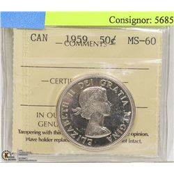 1959 SILVER 50 CENT COIN ICCS GRADED MS-60.