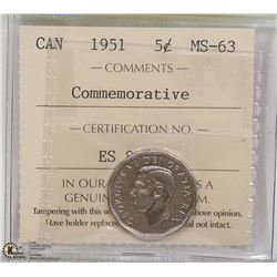 1951- 5 CENT COIN ICCS GRADED MS-63 COMMEMORATIVE
