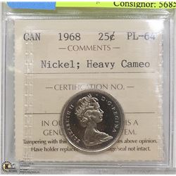 1968 SILVER 25 CENT COIN ICCS GRADED PL-64.