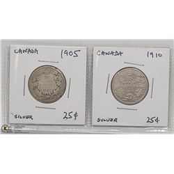 1905 AND 1910 SILVER 25 CENT COINS.