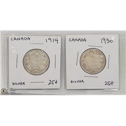 1914 AND 1930 SILVER 25 CENT COINS.