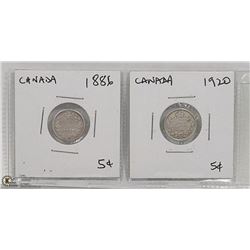 1886 AND 1920 SILVER 5 CENT COINS.