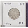 Image 1 : 1907 SILVER 25 CENT COIN.