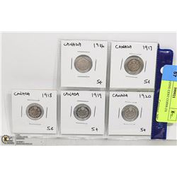 1916 - 1920 FIVE CENT COINS (5)