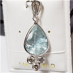 60) 14KT WHITE GOLD AQUAMARINE & DIAMOND PENDANT.