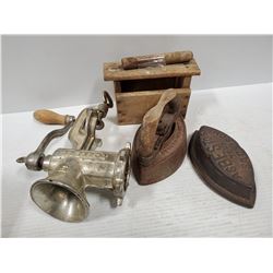 ANTIQUE IRON, BUTTER MOLD & MEAT GRINDER