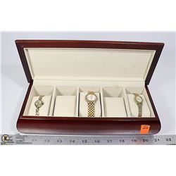 CHERRY WOOD WATCH BOX WITH 3 ESTATE WATCHES