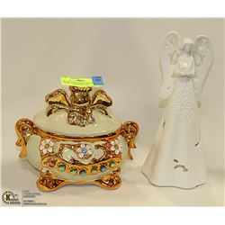 DECORATIVE LIDDED DISH AND ANGEL CANDLE HOLDER