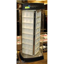 ZIPPO LIGHTED ROTATING DISPLAY CASE, HAS DAMAGE