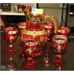 ART GLASS RED & GOLD PITCHER &  GLASS SET