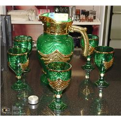 ART GLASS GREEN PITCHER &  GLASS SET
