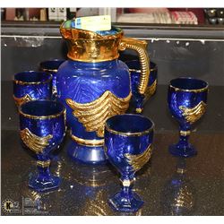 ART GLASS ROYAL BLUE PITCHER &  GLASS SET