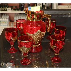 ART GLASS RED PITCHER &  GLASS SET