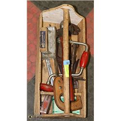 TOOLS- ASSORTED VINTAGE IN WOOD CARRY TOOL BOX