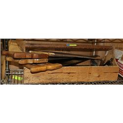 TOOLS- ASSORTED VINTAGE IN WOOD CARRY TOOL BOX