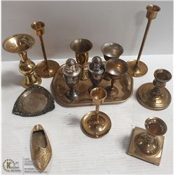 BOX OF BRASS ITEMS AND SET OF SILVER