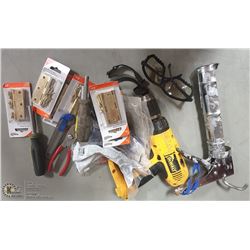 HARDWARE LOT  INCLUDES DEWALT 14V DRILL, 3" HINGE