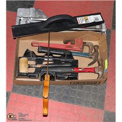 TOOLS, TILE CUTTER, BOX SAW, PIPE WRENCH, HAMMERS,