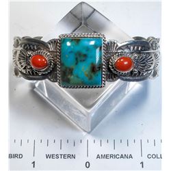 Navajo Turquoise and Coral Bracelet   (125161)