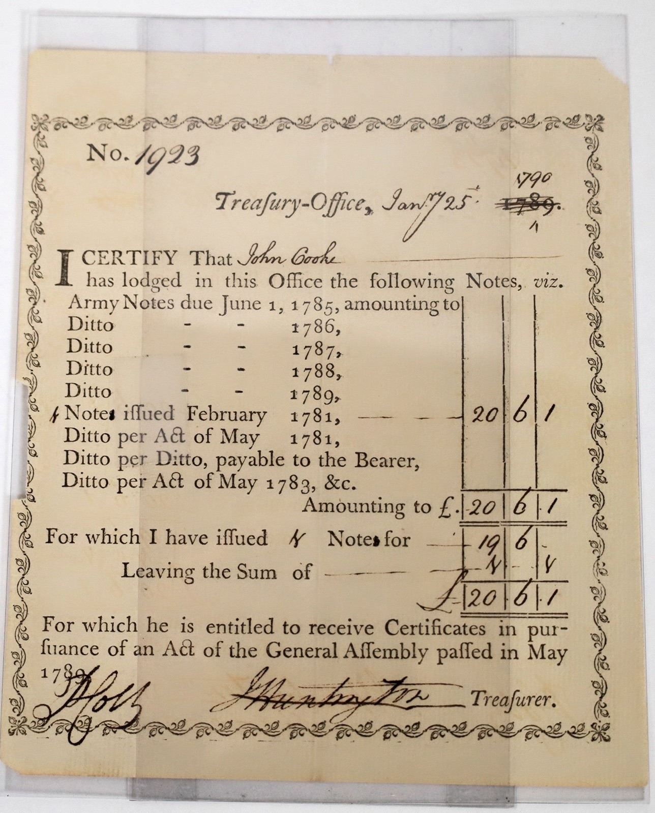 Militarynotes U.S. Treasury Office Army Note dated 1790 (118623)