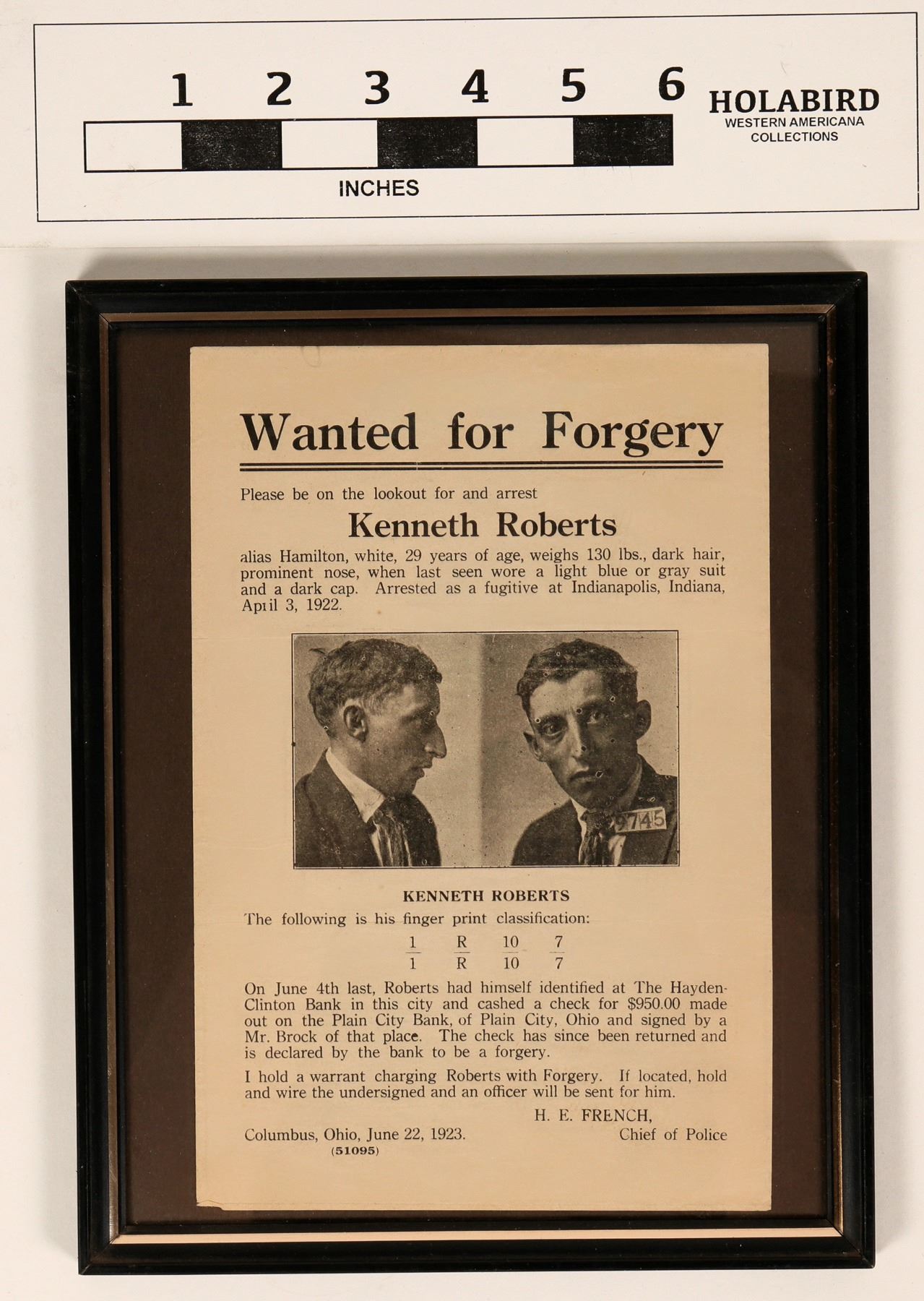 Police Wanted Poster for Kenneth Roberts-Forgery (122924)